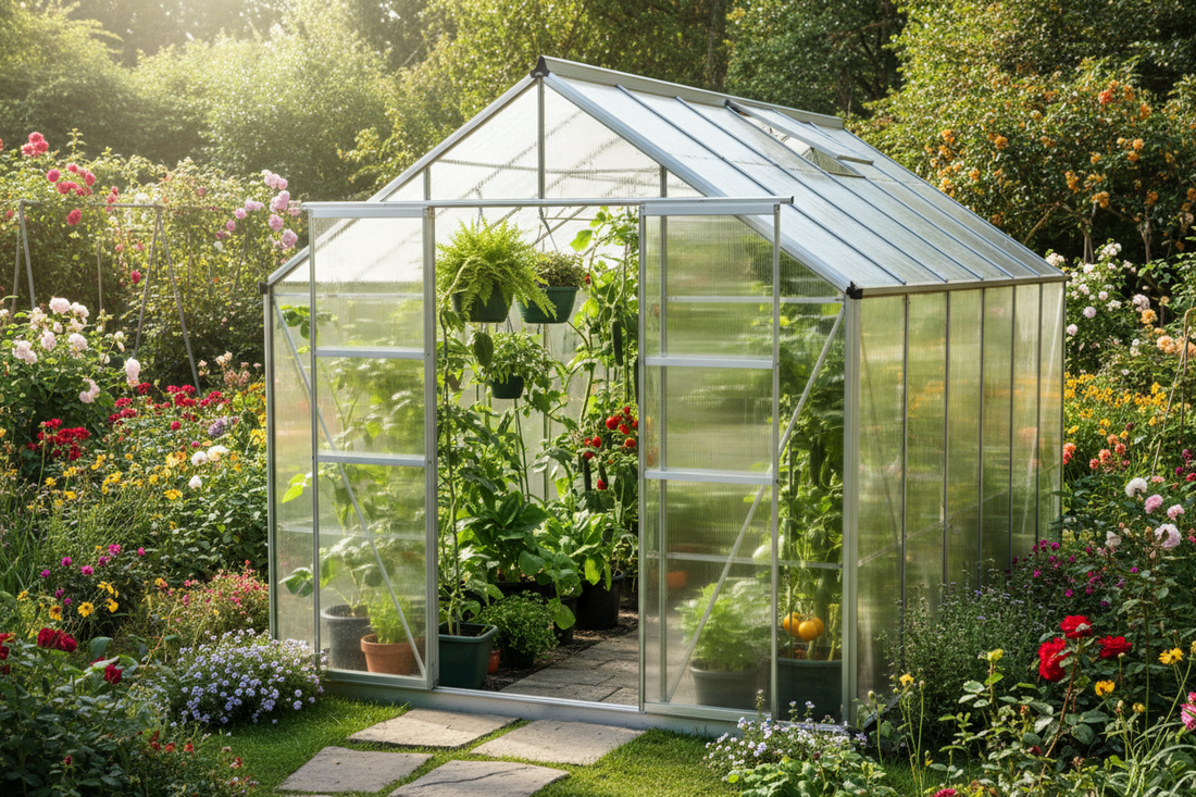 Glass greenhouse with thriving plants in a vibrant garden, perfect for home gardening and growing vegetables.
