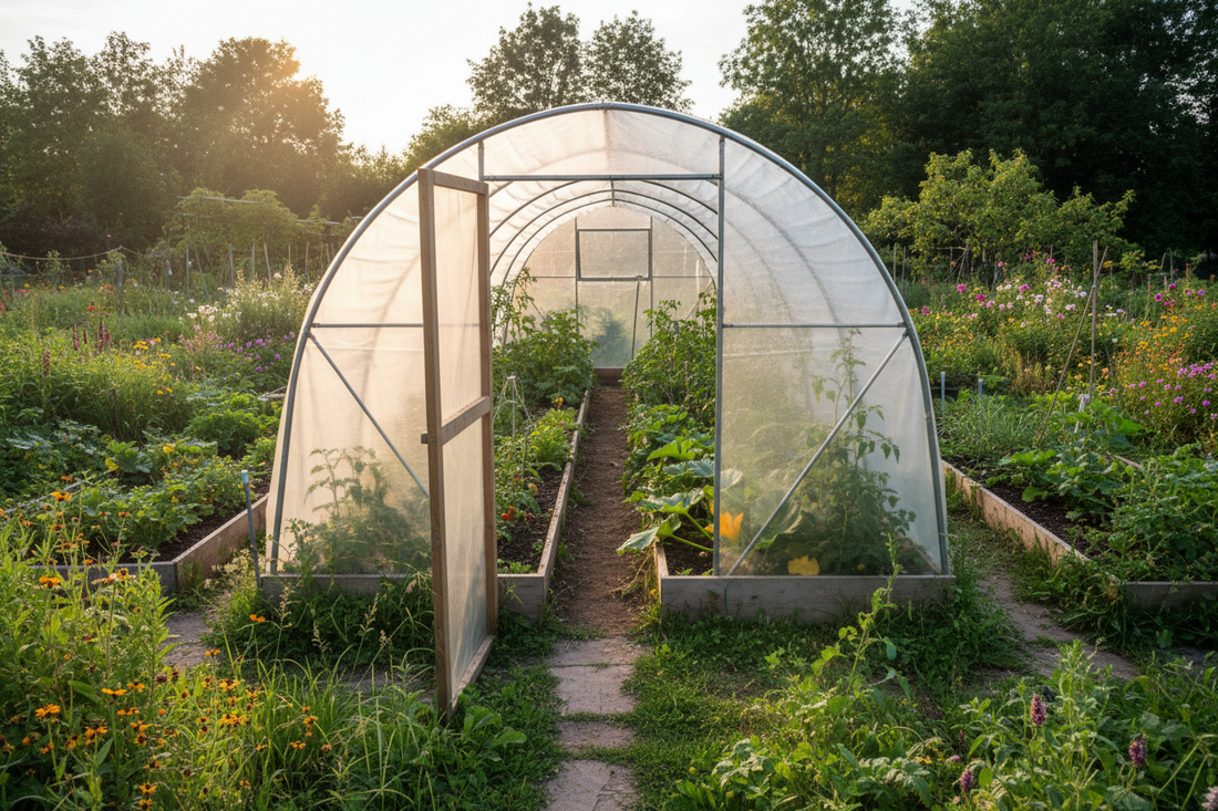 Polytunnel greenhouse in lush garden with raised beds, ideal for home gardening and plant protection.
