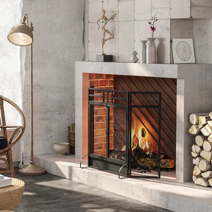Black metal fireplace screen with mesh doors, protecting a warm brick fireplace in modern living room