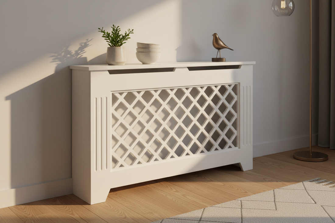 White lattice radiator cover with decorative top, styled with plant and bird figurine in modern living room