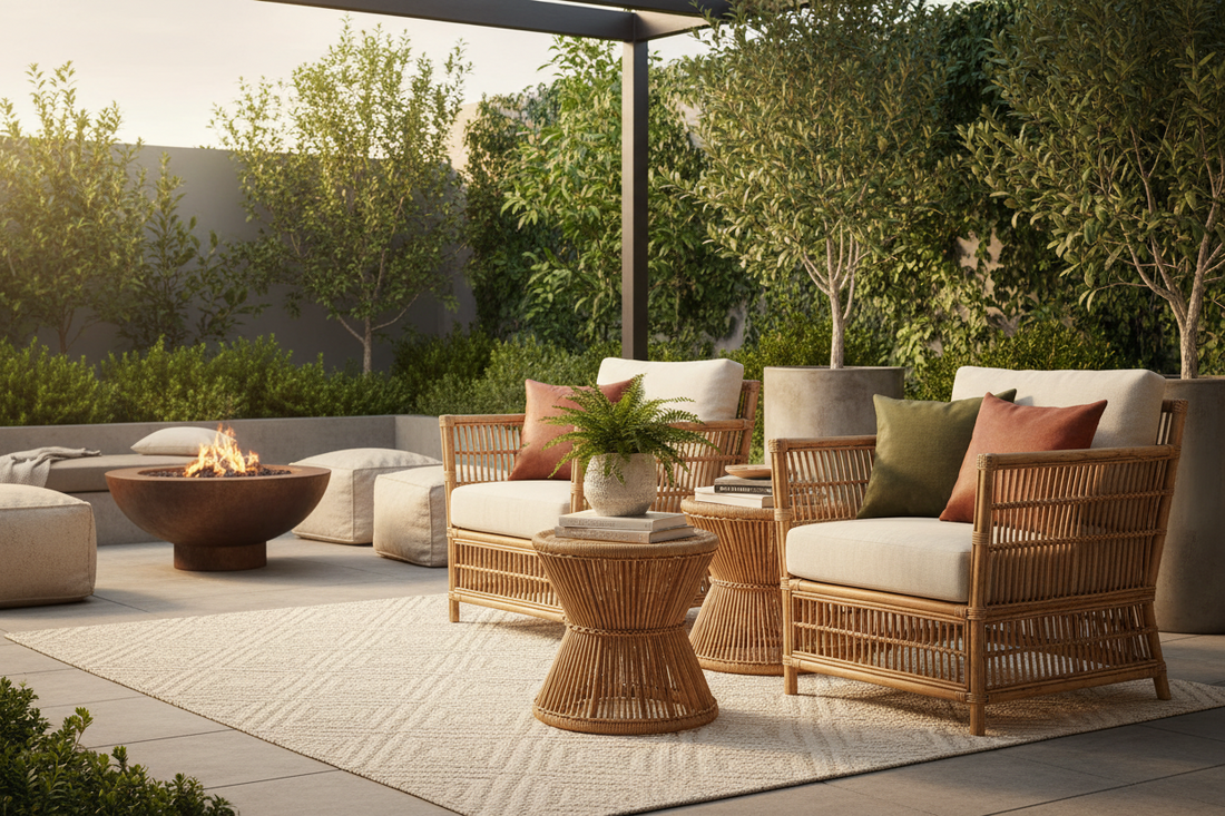 Rattan chair set with cushions and side table on patio, surrounded by greenery and fire pit.