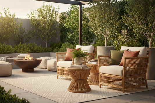 Rattan chair set with cushions and side table on patio, surrounded by greenery and fire pit.