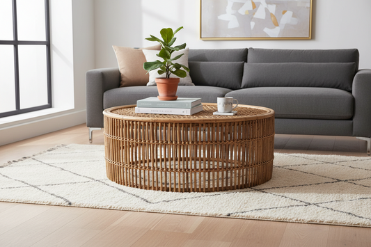 Round rattan coffee table in modern living room with grey sofa, plant, books, and mug
