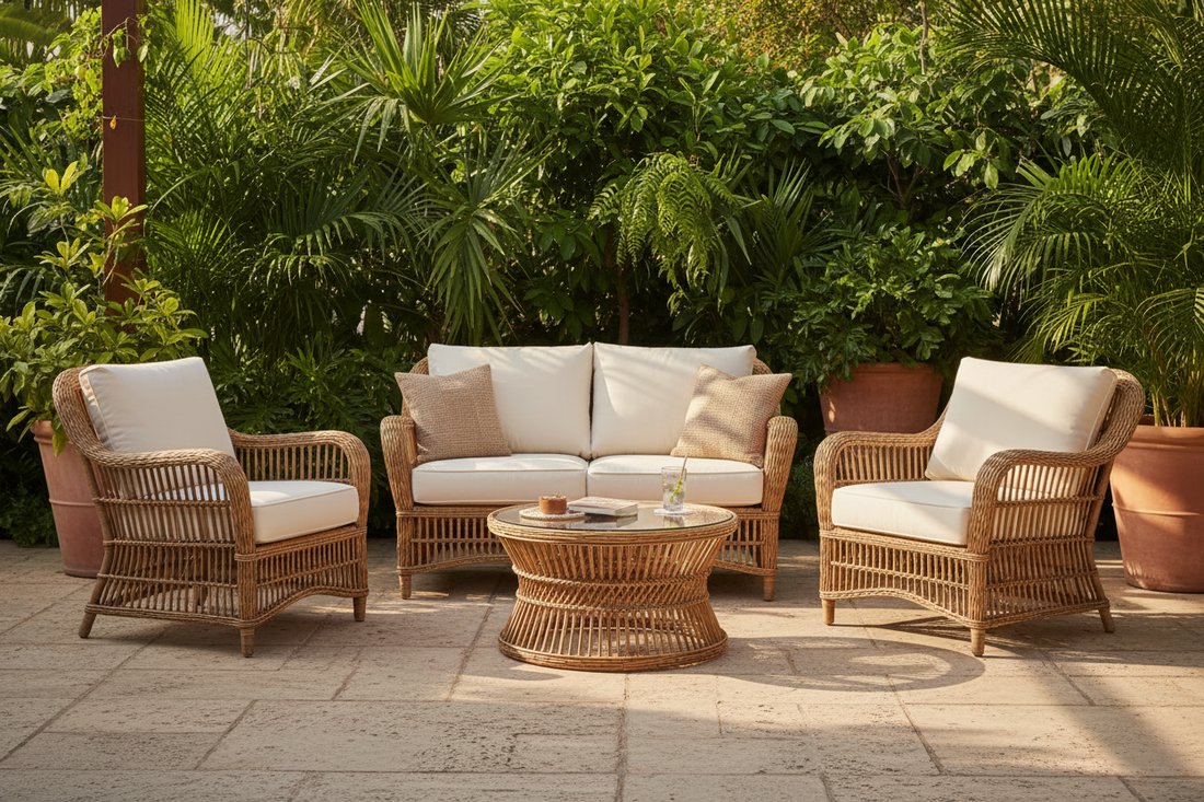 Rattan outdoor sofa set with white cushions, glass-top coffee table, and armchairs on patio surrounded by lush greenery