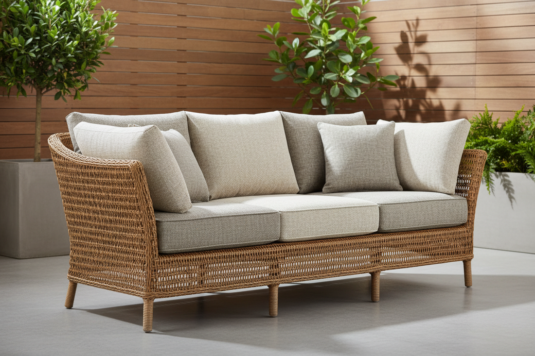 Outdoor rattan sofa with beige cushions, set on a patio with wooden privacy screen and plants.