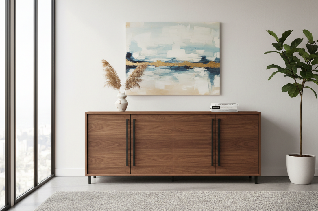 Modern wooden sideboard with black handles in a bright living room, abstract art above