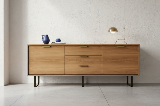 Modern wooden sideboard with drawers and cabinets, blue vase decor, gold desk lamp.