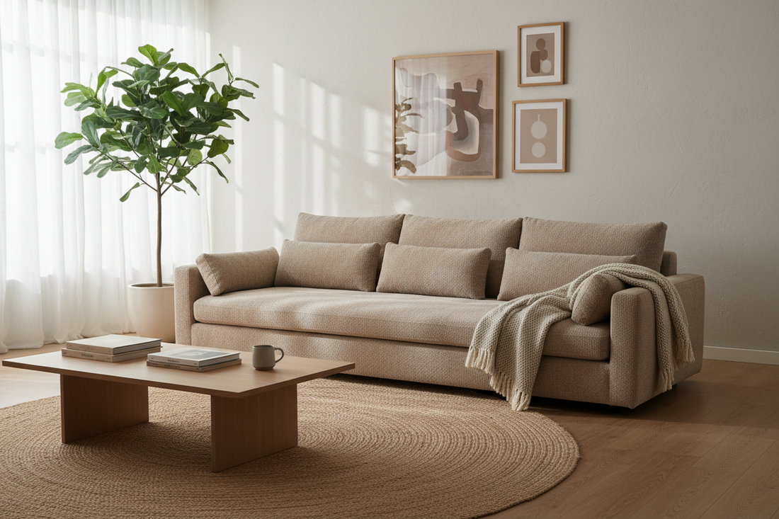 Beige fabric sofa with throw blanket in modern living room with coffee table and plant