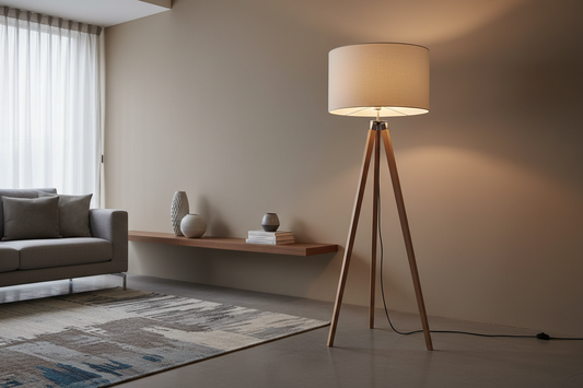 Modern tripod floor lamp with fabric shade in a minimalist living room setting