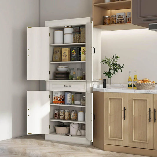 White kitchen pantry cabinet organized with food jars, cereal boxes, and home decor accents