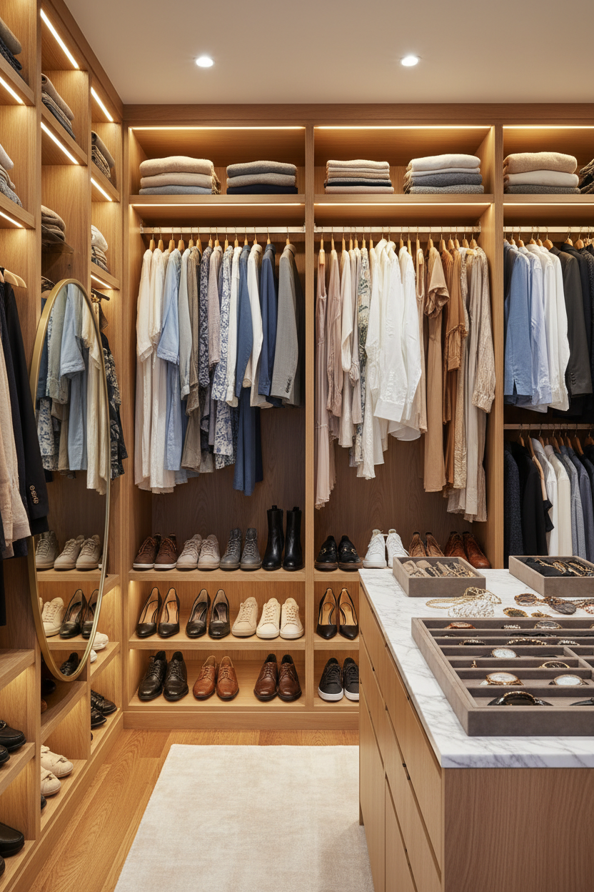 Luxury walk-in closet with wooden shelves, hanging clothes, shoes, and jewelry organizer for home organization