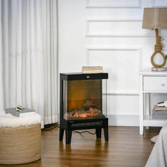 Modern electric fireplace heater in cozy living room with wood floor and white decor