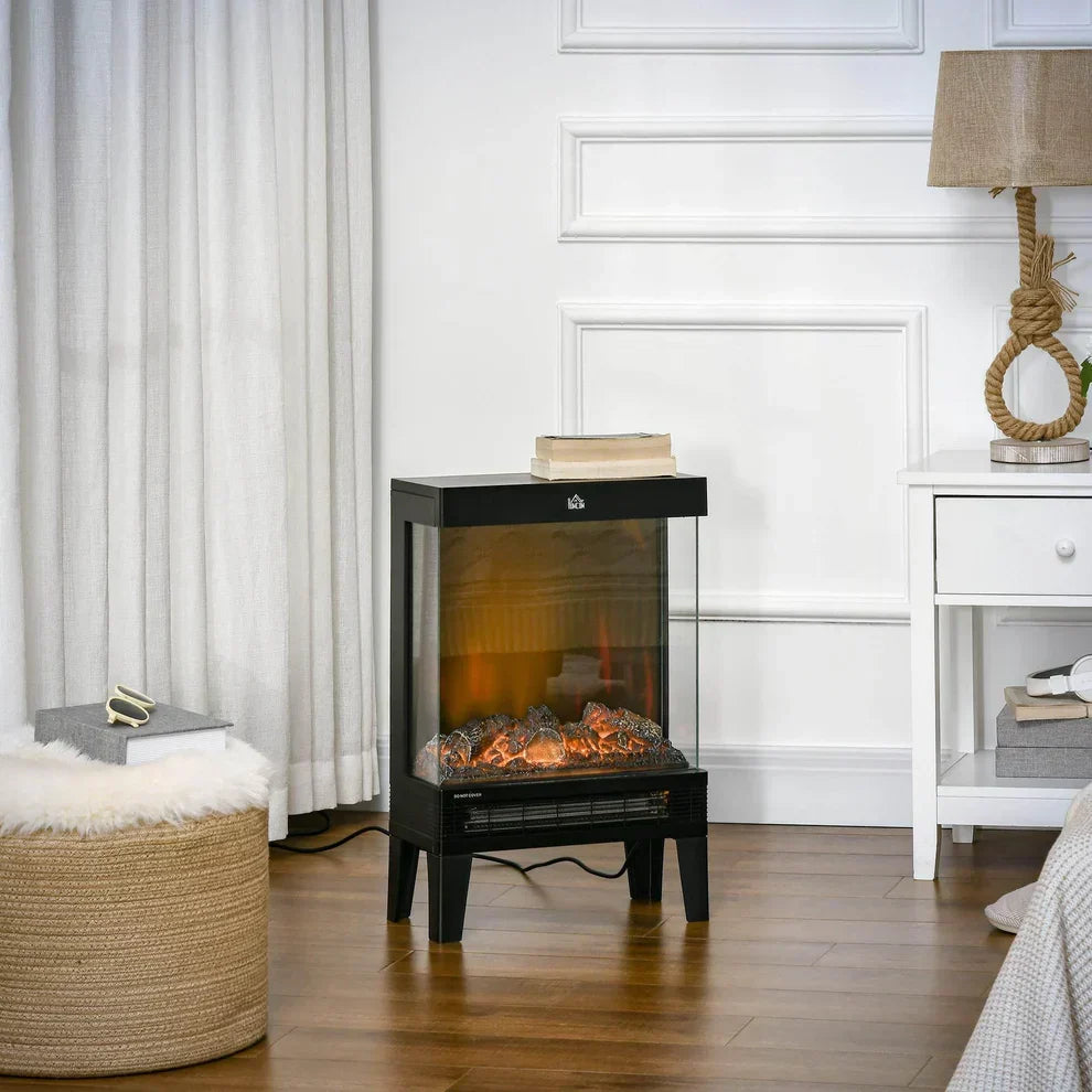 Black electric fireplace heater with glowing logs, placed in cozy living room with white panel walls and wooden floor