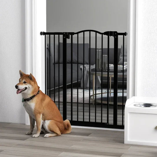 Black metal pet gate with Shiba Inu dog, ideal for home safety and pet containment in living spaces.