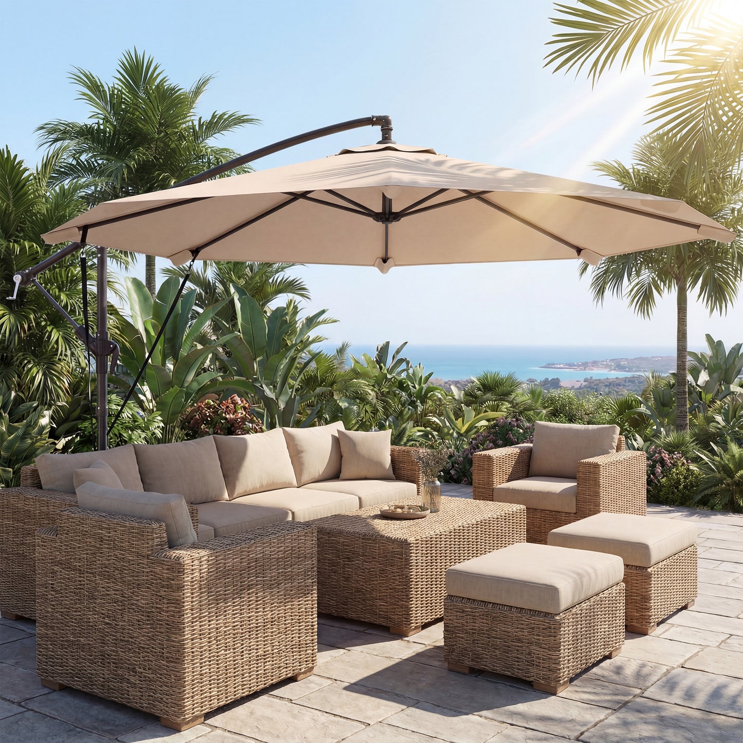 Outsunny 3 Meter Cantilever Banana Parasol With Crank Handle Protective Cover And Wind Ropes Khaki