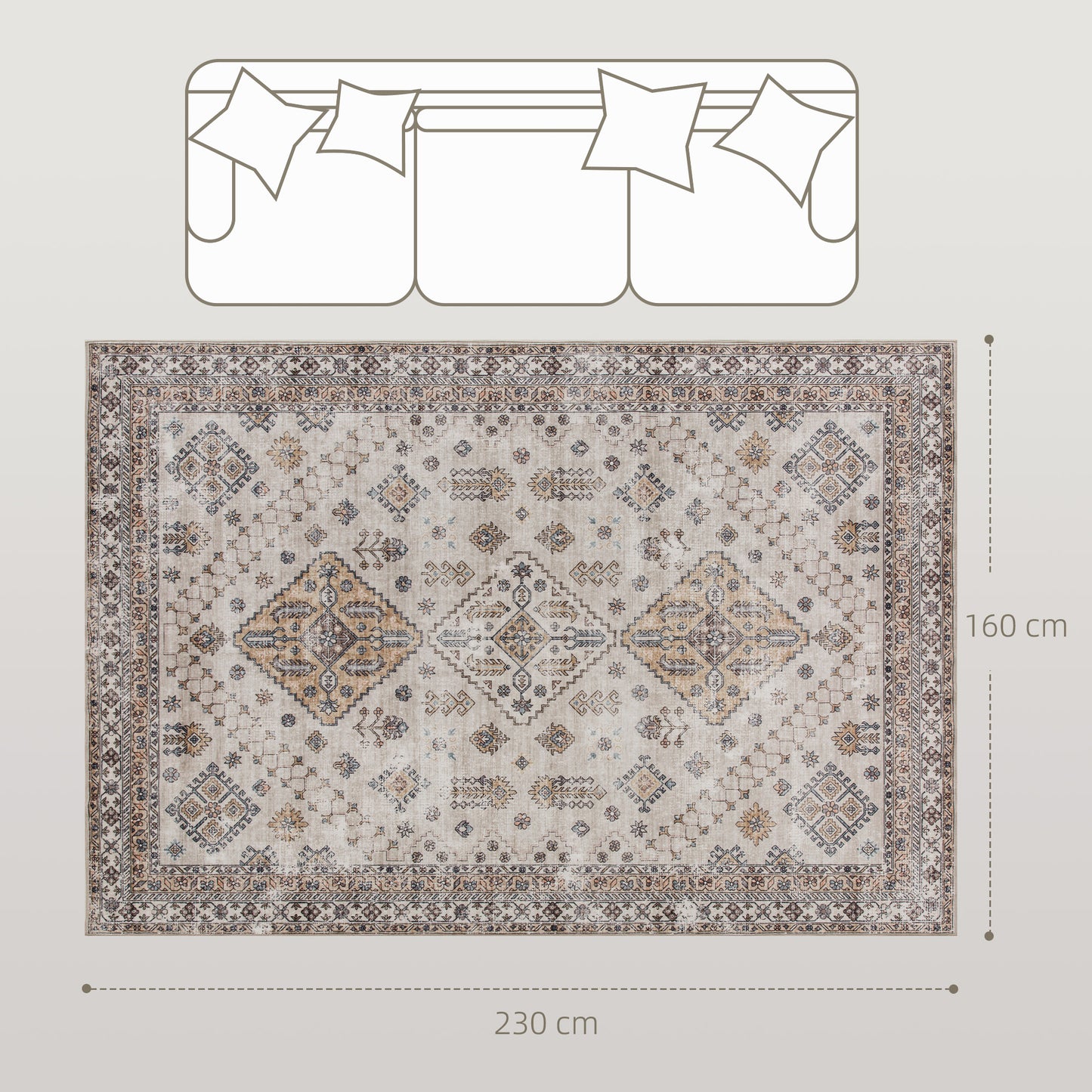 HOMCOM Vintage Area Rug Non Slip Washable Flannel Floor Carpet For Living Room Bedroom Dining Room 230x160 Cm Beige