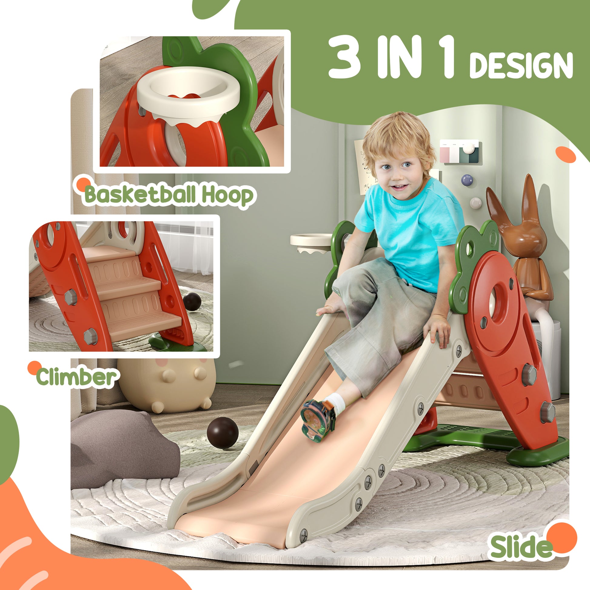 AIYAPLAY Toddler-Friendly 3-in-1 Foldable Slide with Basketball Hoop and Climber - Carrot Design for Ages 1-3 - ALL4U RETAILER LTD