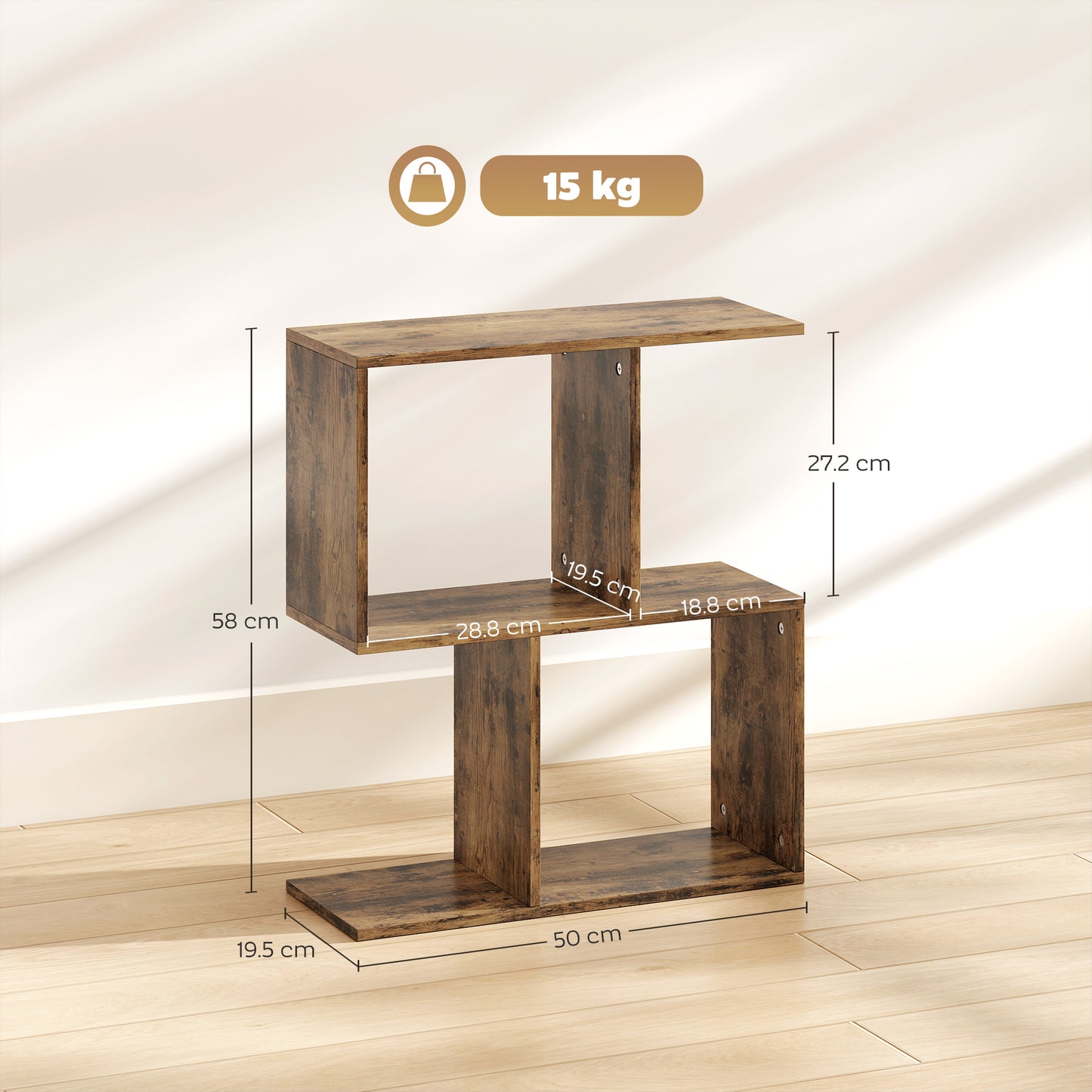 HOMCOM S Shaped Narrow Side Table With Storage Shelves 3 Tier Rustic Brown 50W 19D 58H Cm