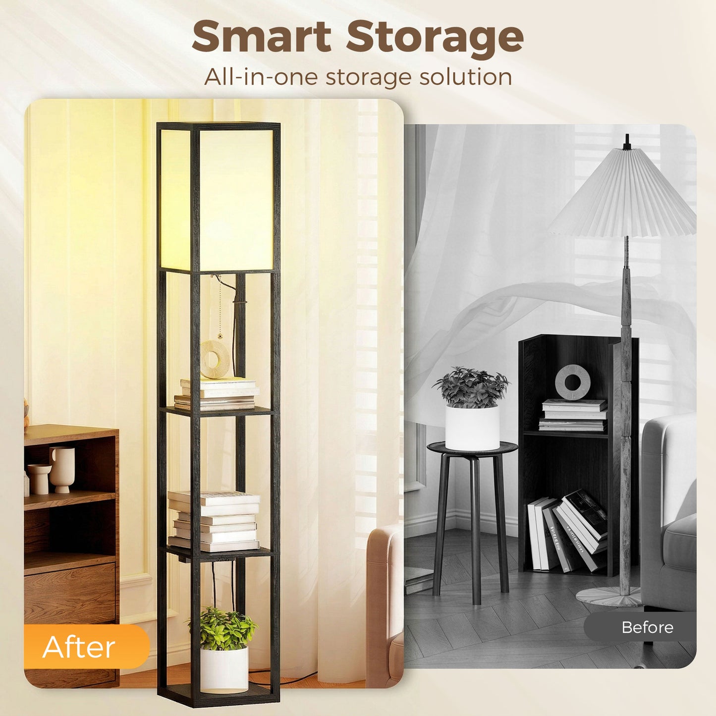 HOMCOM Three Tier Floor Lamp With Shelves For Living Room Bedroom Office Black Finish