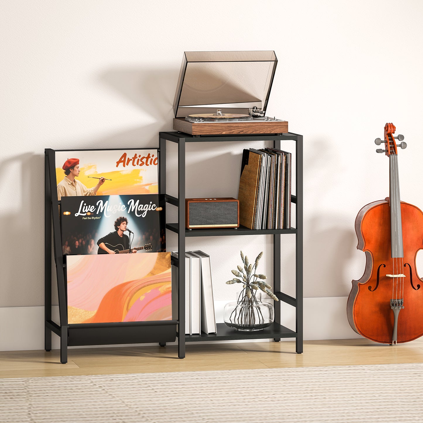 HOMCOM 3 Tier Record Player Stand End Table for Living Room and Bedroom Black Wood Effect