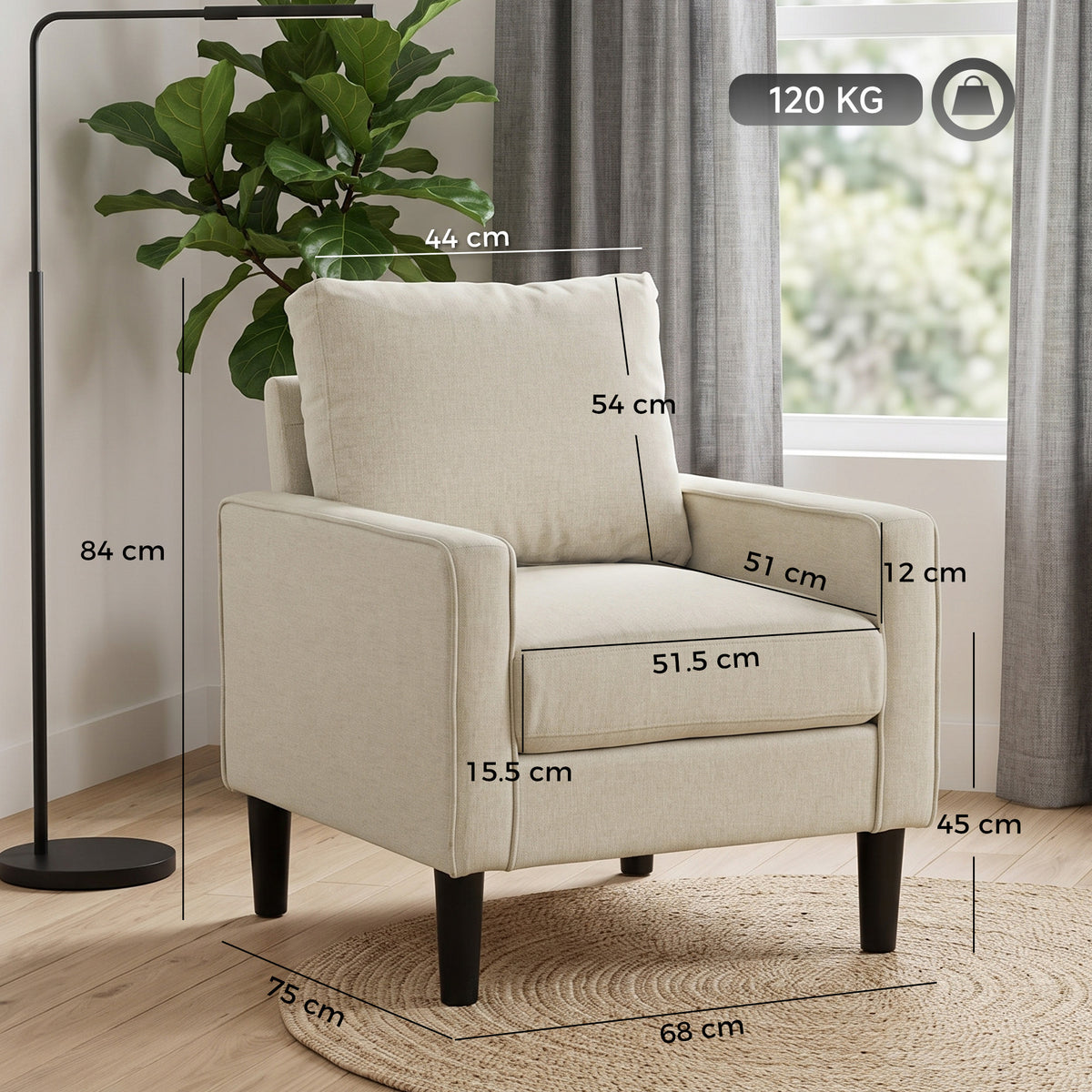 Cream upholstered accent chair with removable back pillow and dark tapered legs