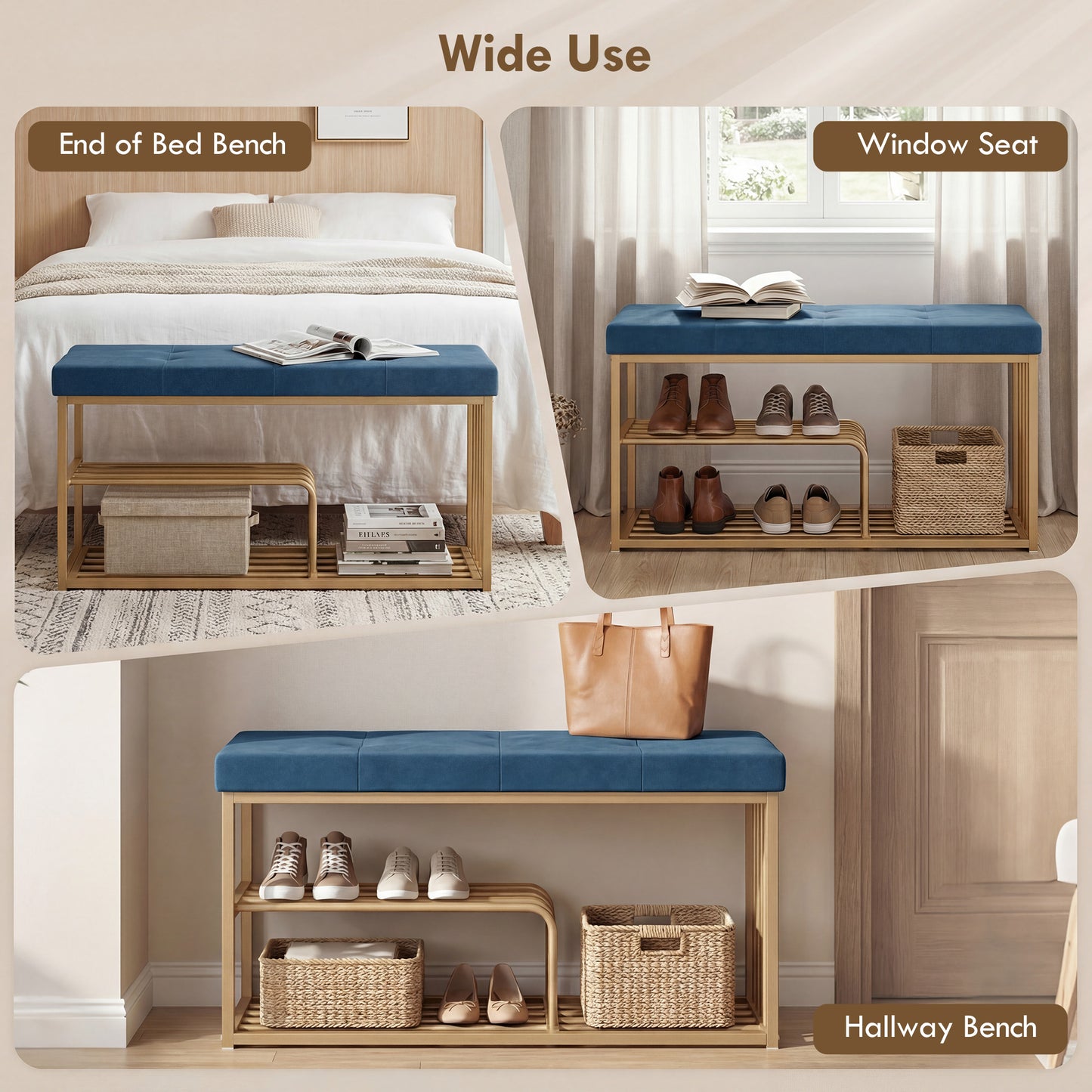 HOMCOM Tufted Velvet Shoe Storage Bench With Gold Steel Frame For Entryway Dark Blue Two Tier Storage
