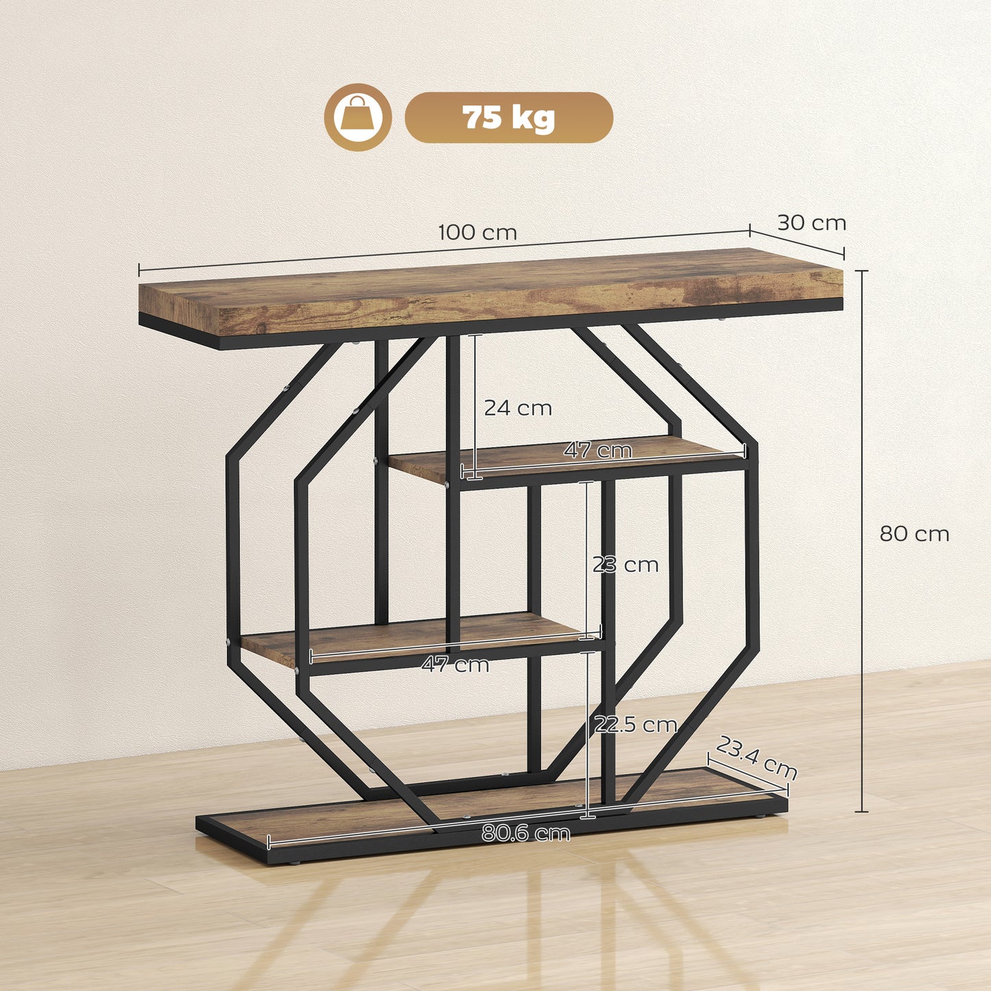 HOMCOM 4-Tier Industrial Console Table With Storage In Rustic Brown Finish For Entryways Hallways And Living Spaces