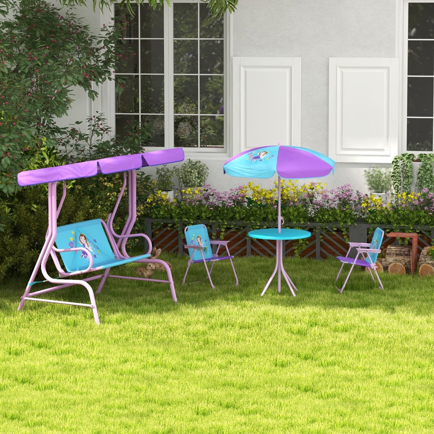 Outsunny Kids Outdoor 4-Piece Garden Furniture Set with Swing Chair, Adjustable Canopy, Table, and Chairs for Toddlers - ALL4U RETAILER LTD