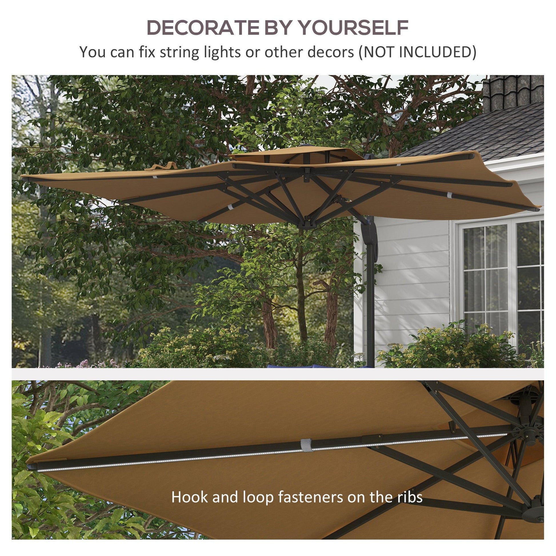 Outsunny Garden Parasol, 3(m) Cantilever Parasol with Hydraulic Mechanism, Dual Vented Top, 8 Ribs, Cross Base, Khaki - ALL4U RETAILER LTD