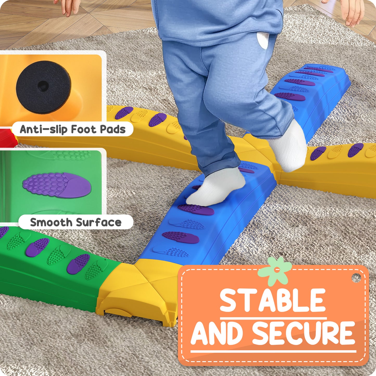 AIYAPLAY 12-Piece Colorful Kids Balance Beam Stepping Stones with Non-Slip Safety Pads