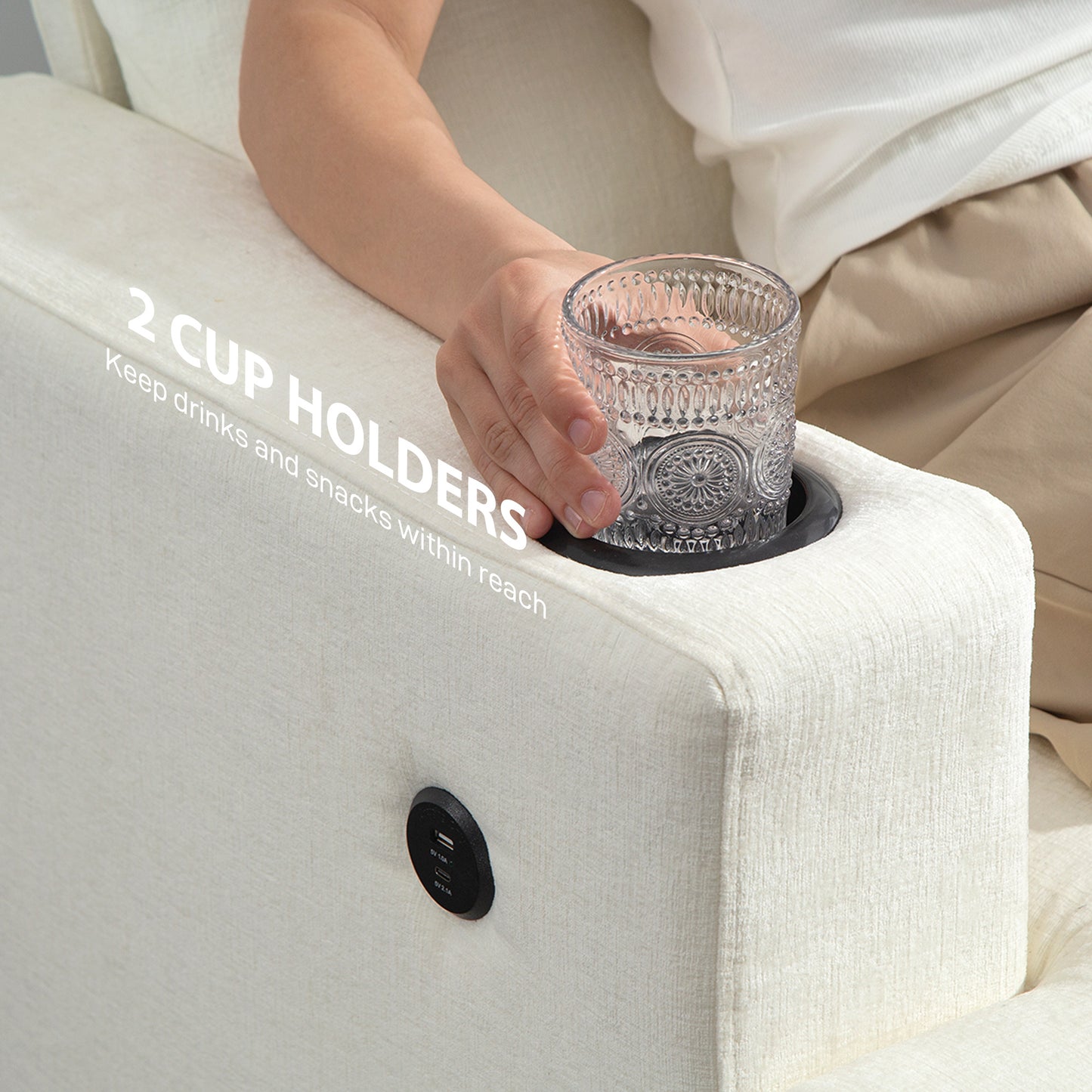 HOMCOM 3 Seater Sofa With USB Ports And Cup Holders Cream White Upholstered In Plush Chenille Fabric