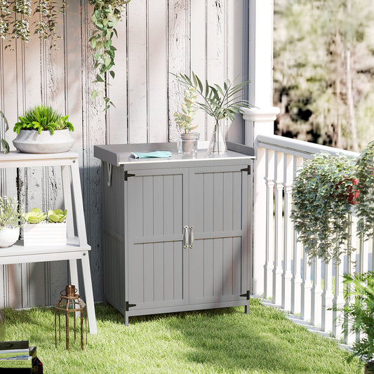 Outsunny Wooden Garden Shed With Hinged Roof And Shelf Outdoor Garden Tool Storage Cabinet With Double Doors Grey