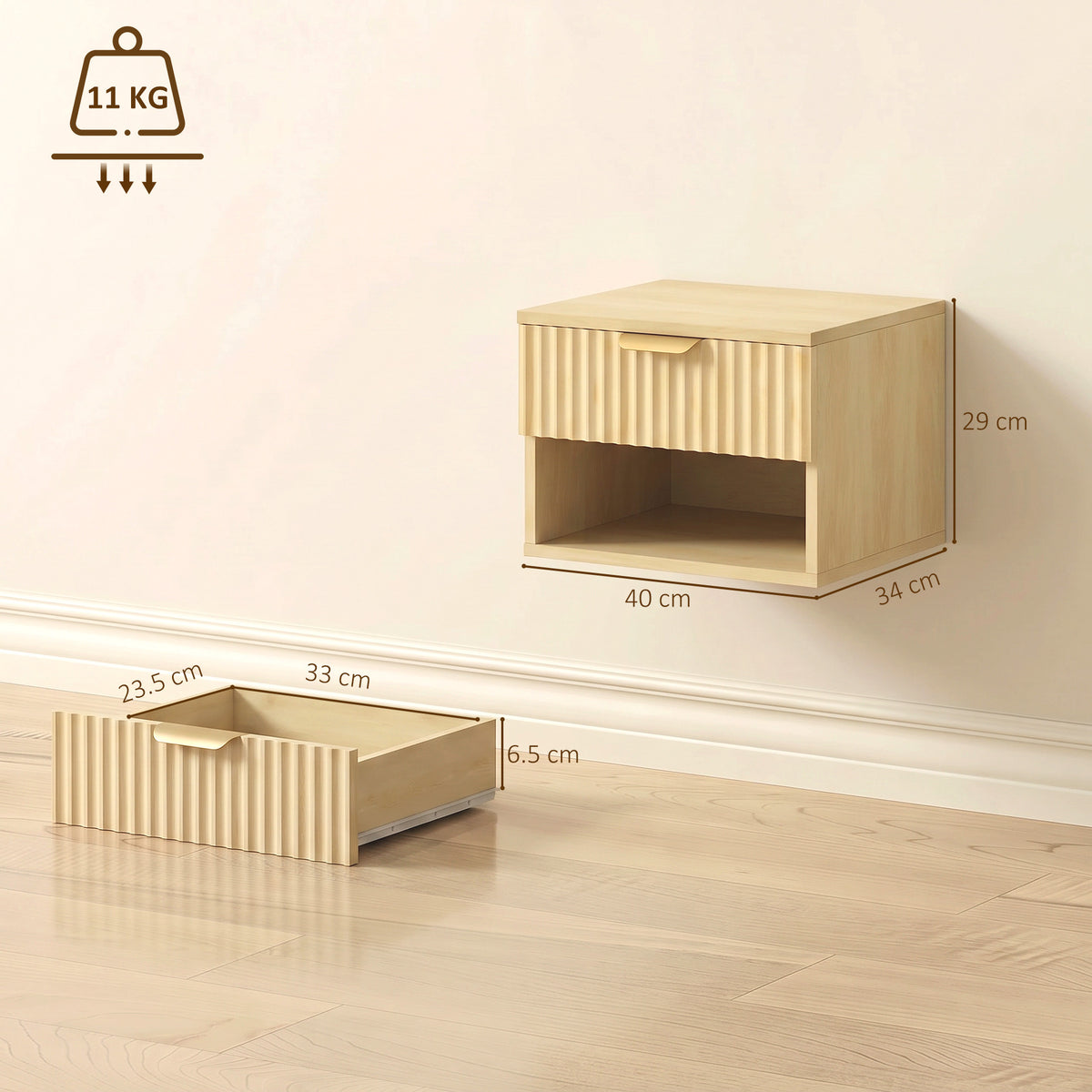 Modern Floating Nightstands Set Of 2 Wall Mounted Fluted Drawer Oak