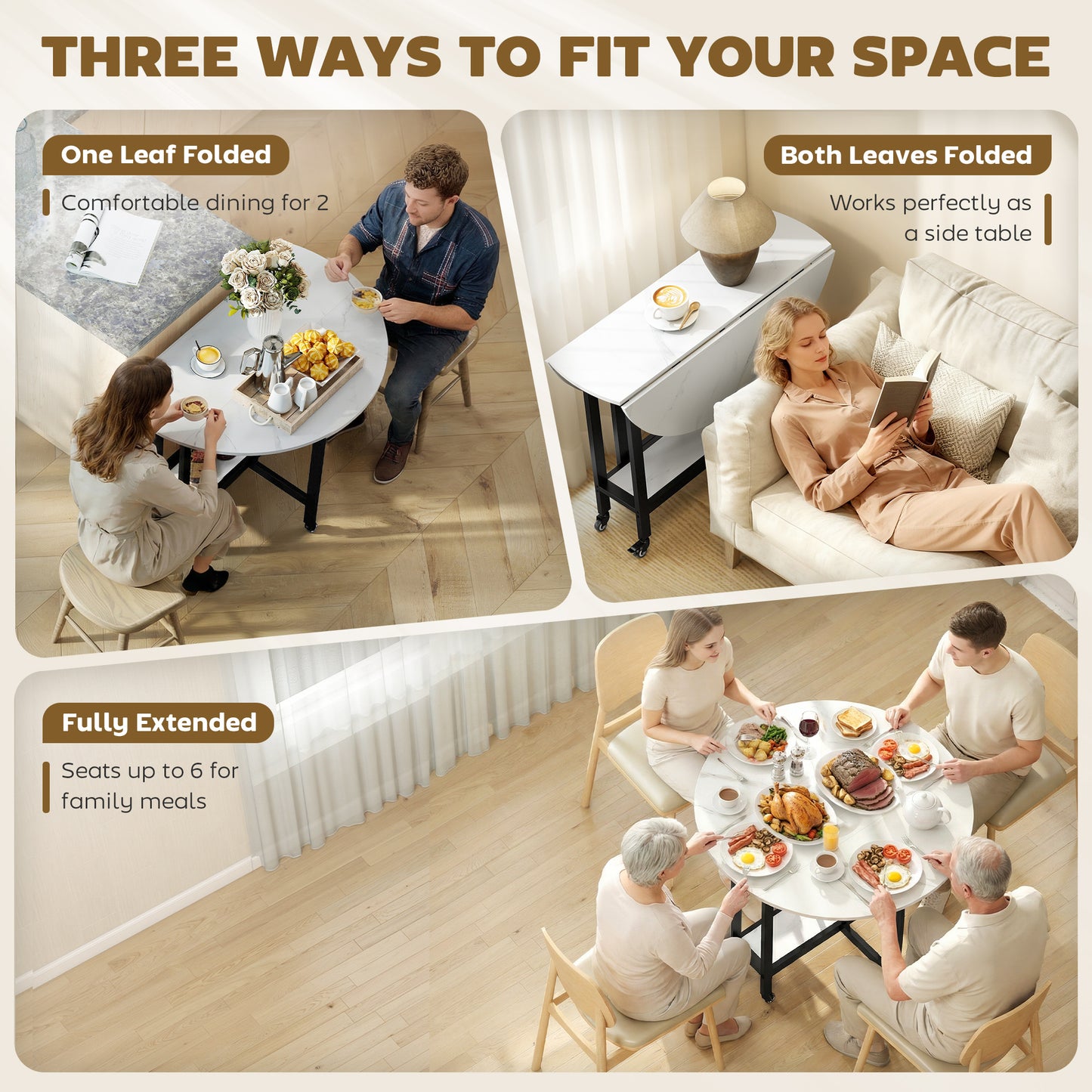 HOMCOM Folding Dining Table With Drop Leaf And Open Shelf On Wheels For Small Spaces White Marble