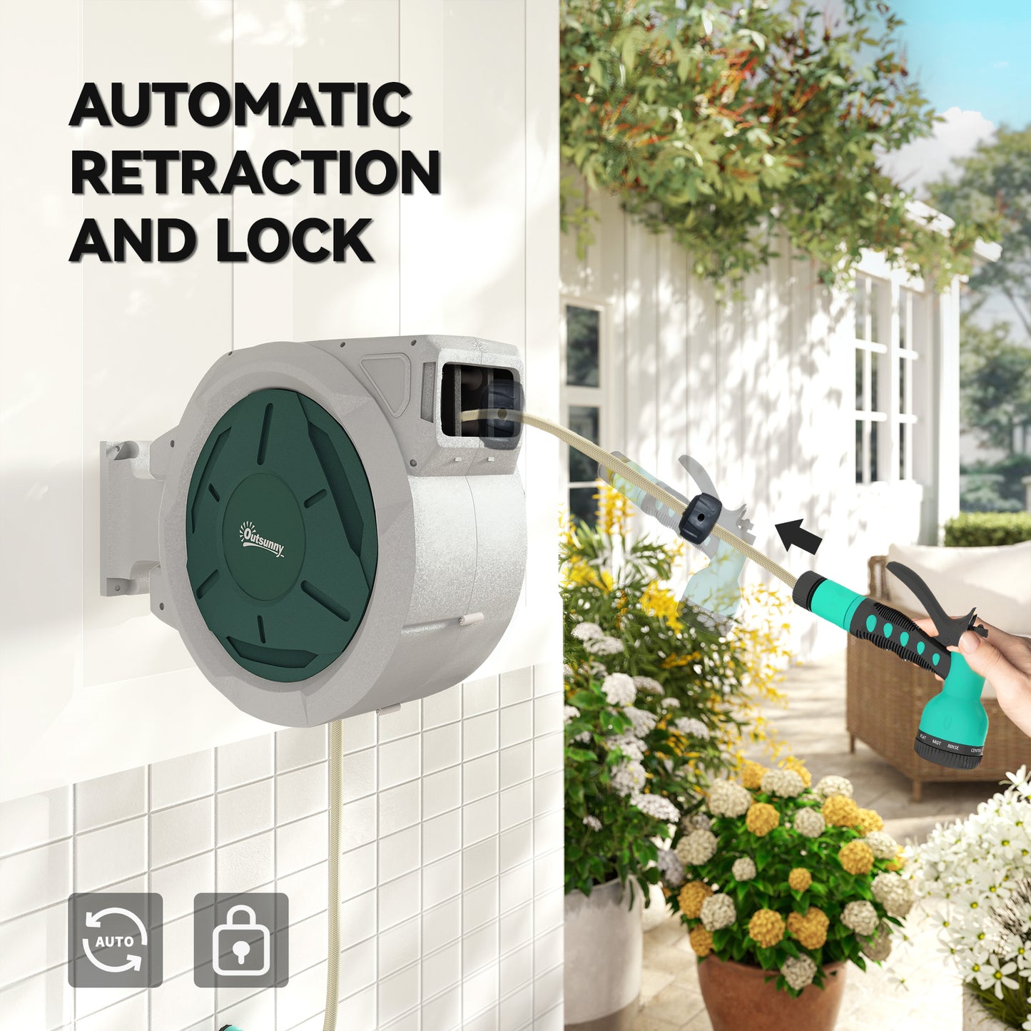 Outsunny Retractable Wall Mounted Hose Reel With 30 Meter Hose Auto Rewind 180 Degree Swivel 7 In 1 Nozzle
