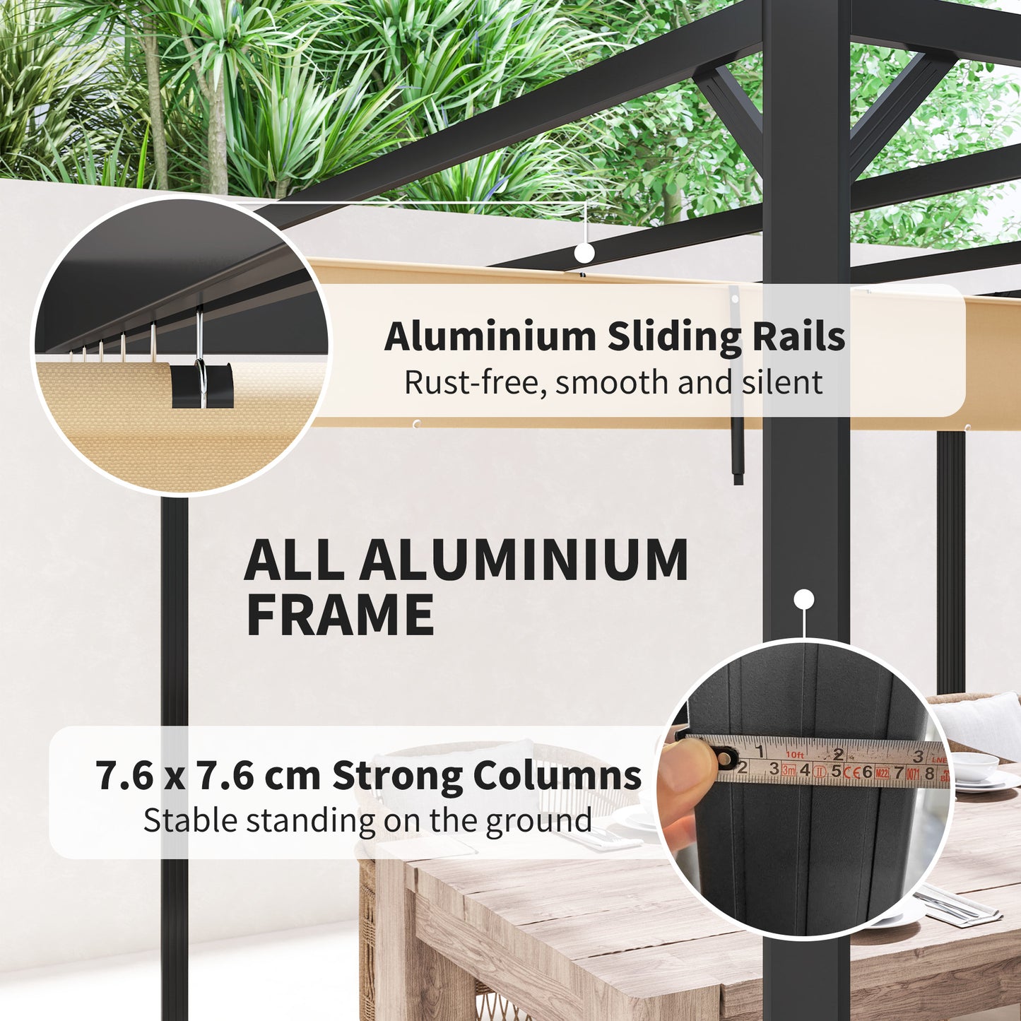 Outsunny 3 x 3m Aluminium Pergola With Retractable Roof And Side Panel Khaki Outdoor Shelter For Garden