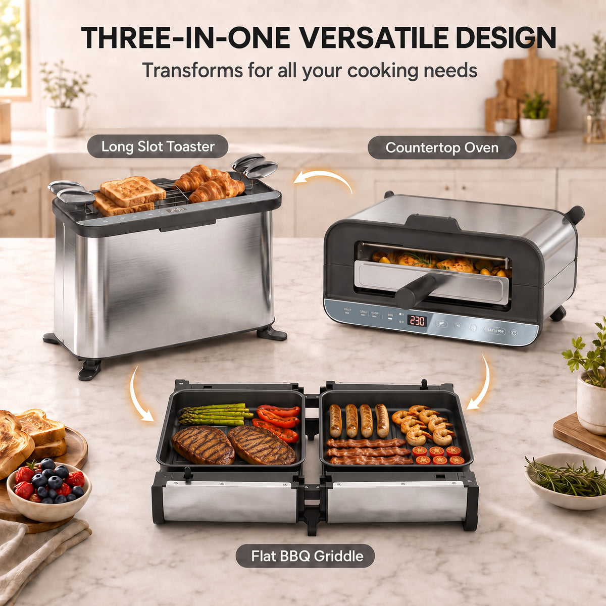 3-in-1 electric countertop oven and grill with long slot toaster and flat BBQ griddle
