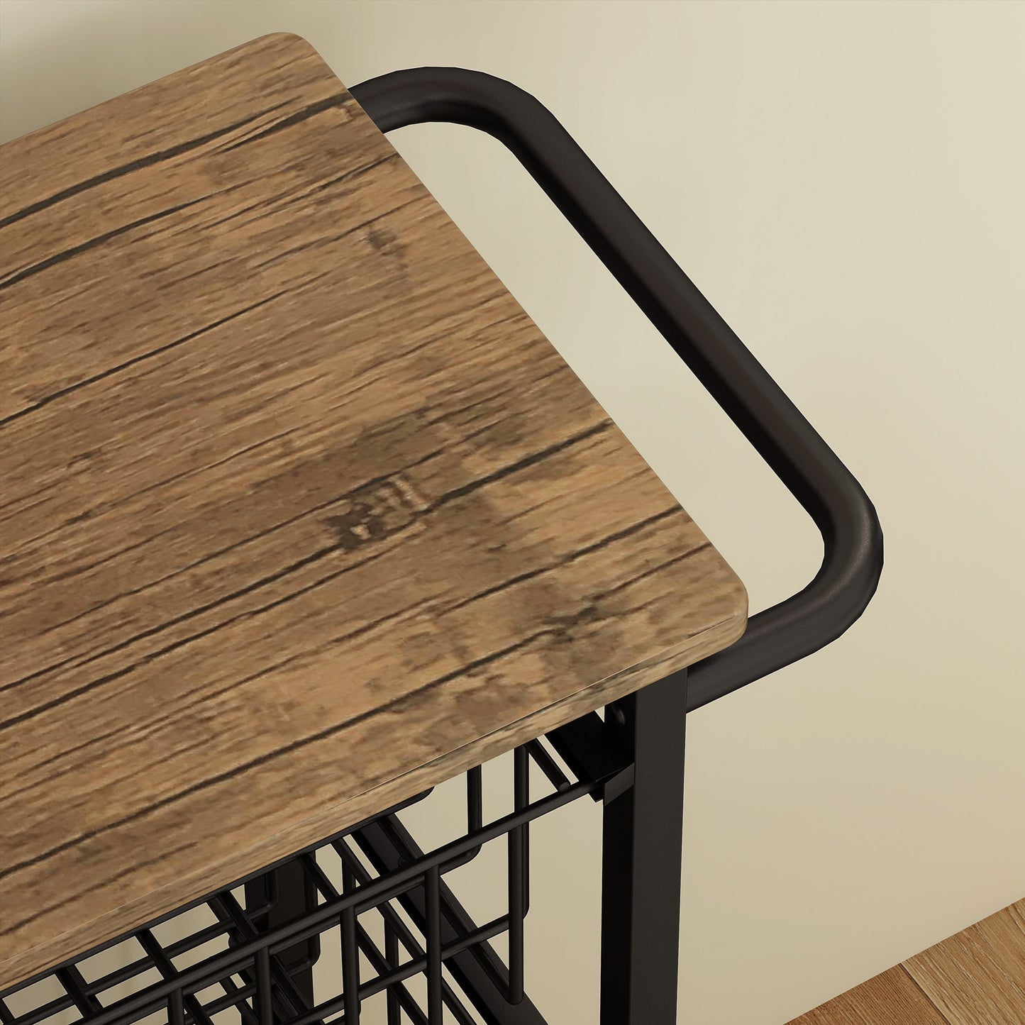 Homcom Four Basket Mobile Kitchen Island With Brakes Oak And Black Top For Extra Counter Space Kitchen Organization