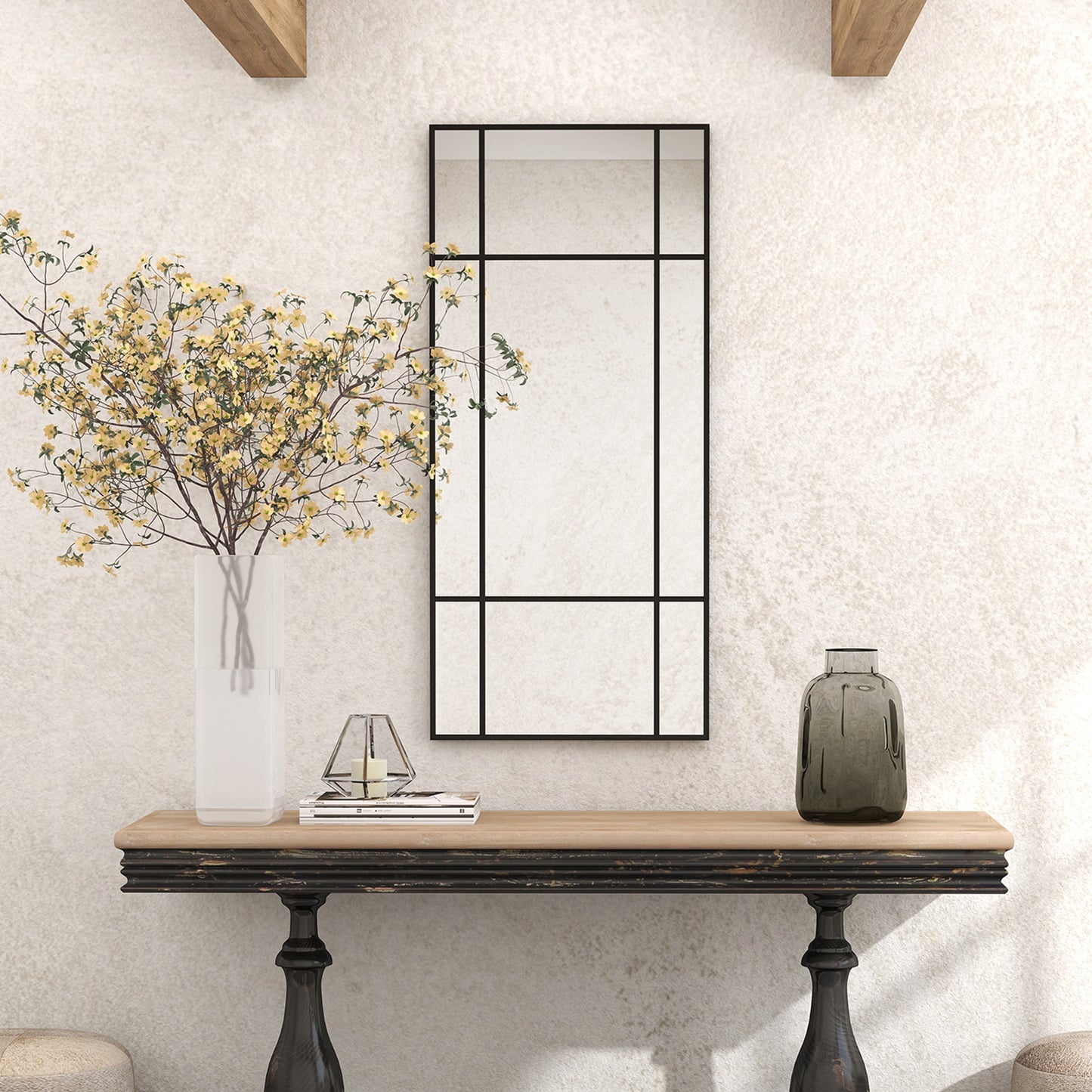 HOMCOM Decorative Grid Wall Mirror With Back Hooks Black Finish For Living Room Bedroom Decor