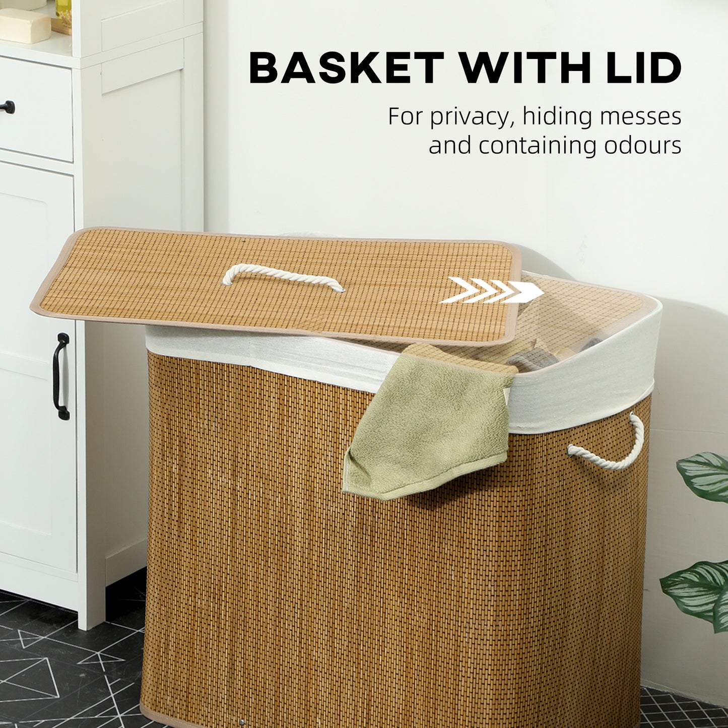 HOMCOM 3 Section Laundry Basket with Lid 144L Brown Bamboo Hamper with Handles Removable Washable Liner