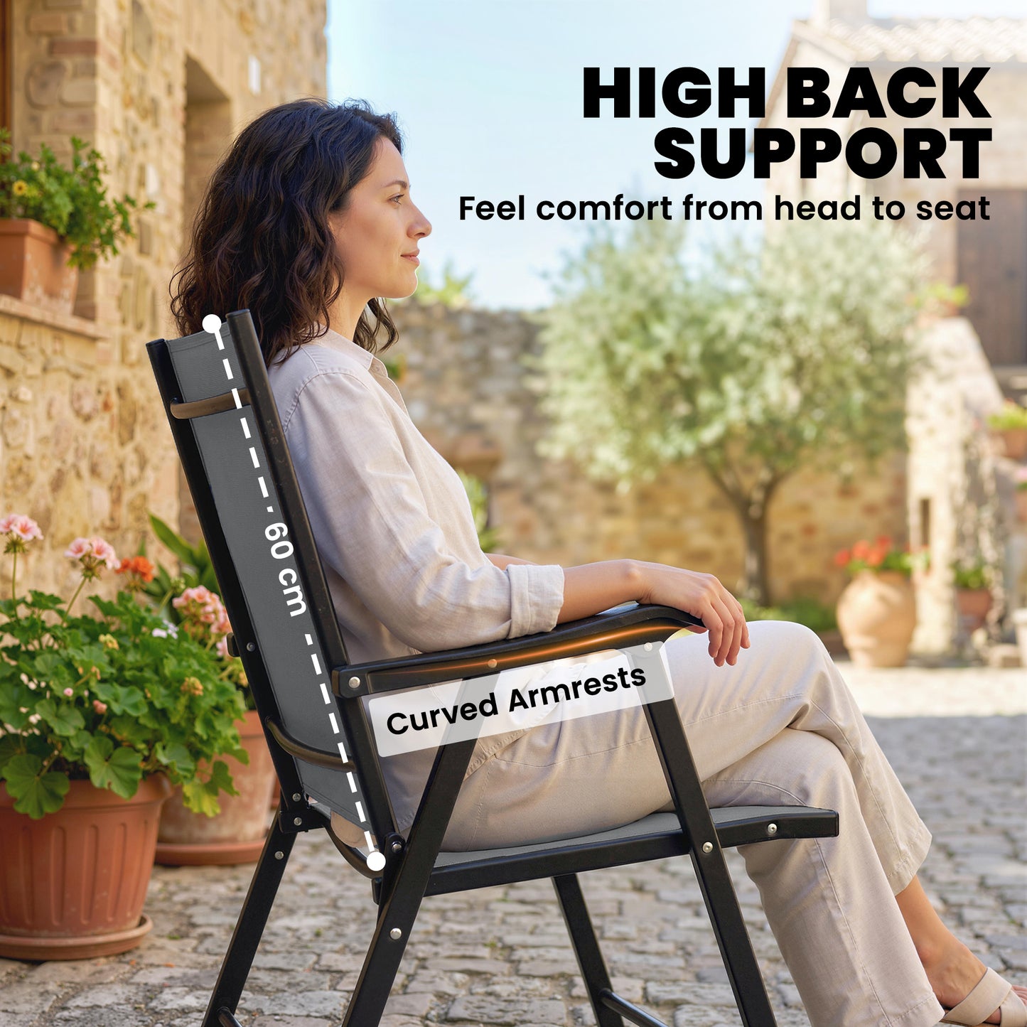 Outsunny Folding Garden Chairs Set Of 2 Foldable Dining Chairs With High Back Armrests Texteline Seat Light Grey