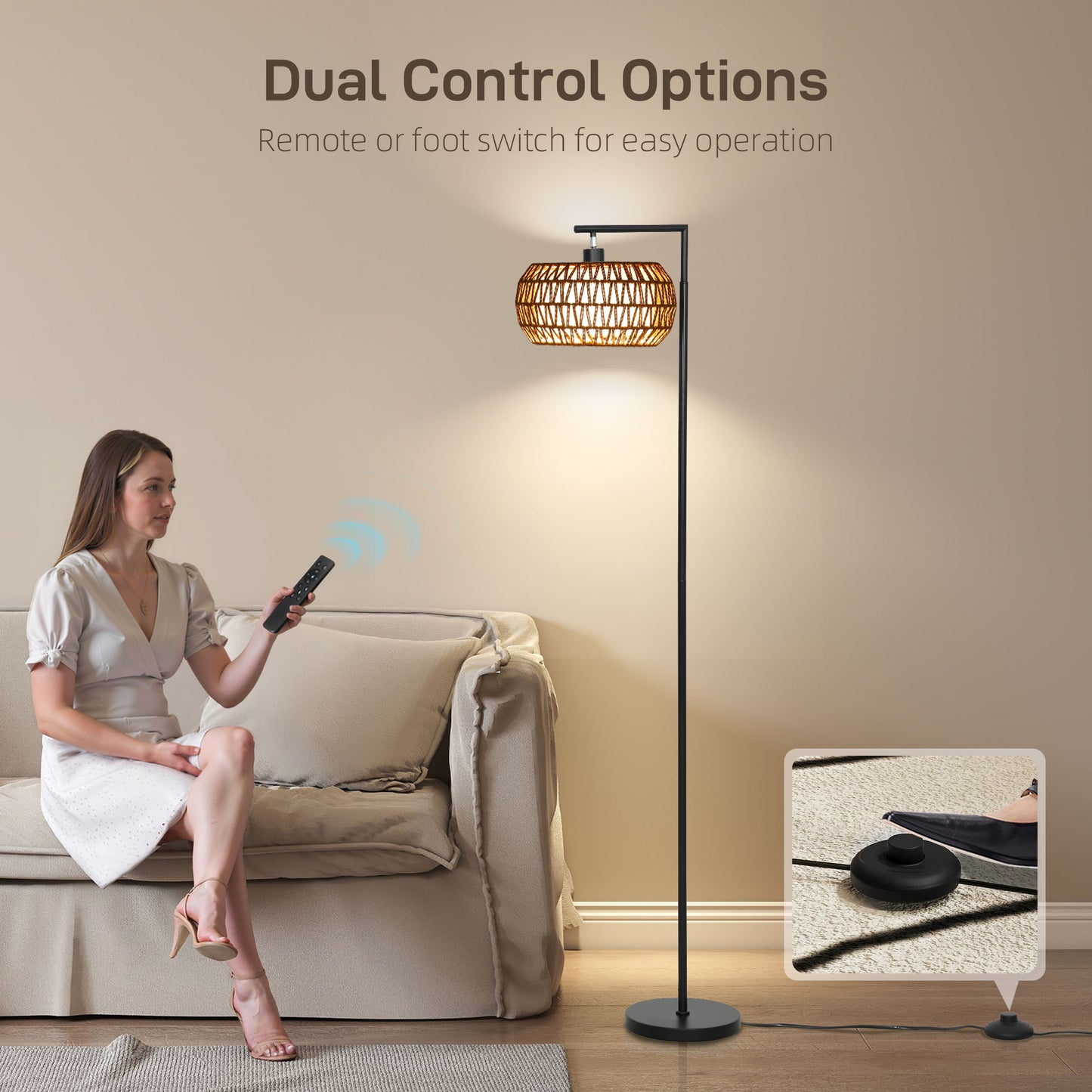 HOMCOM Boho Dimmable Floor Lamp With Adjustable Color Temperature And Remote Control For Living Room Black