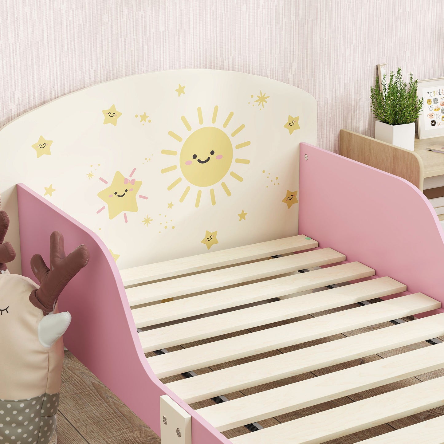AIYAPLAY Toddler Bed With Storage And Guardrails Sun Design Fits 140 x 70cm Mattress For Ages 3-8