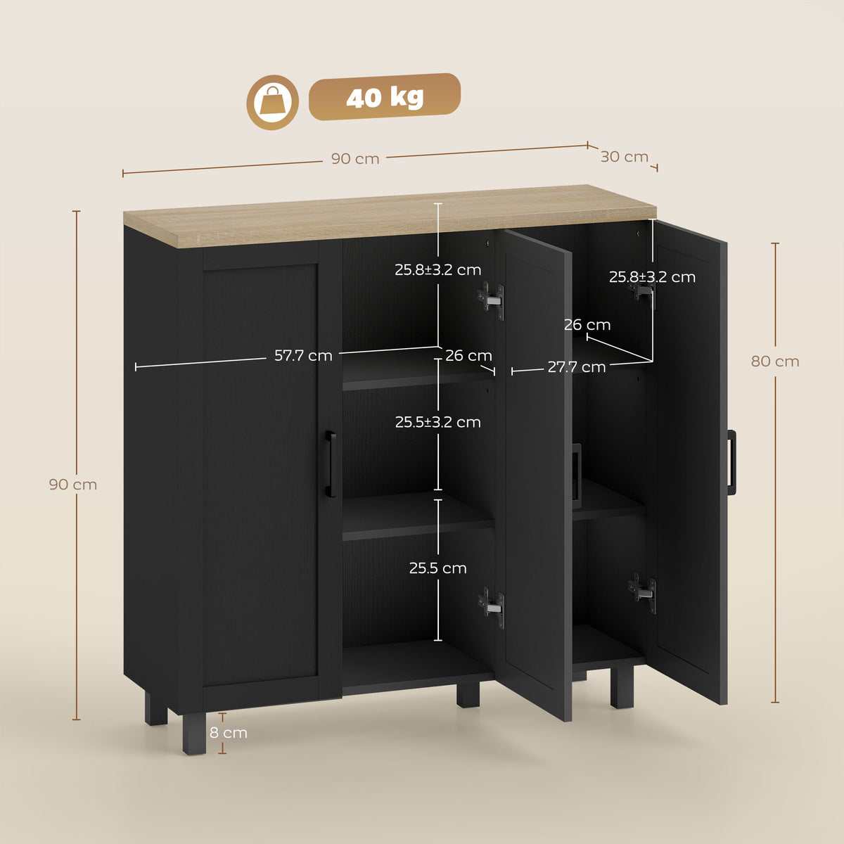 HOMCOM Sideboard Buffet Cabinet With 3 Doors And Adjustable Shelves Black