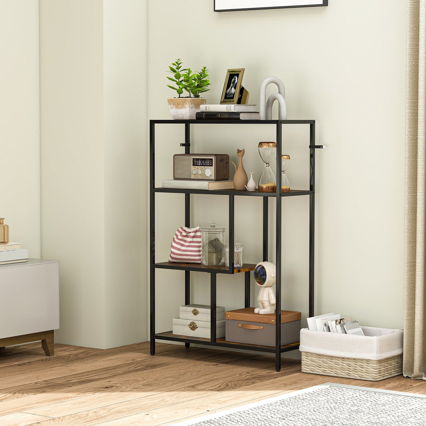 HOMCOM 4 Tier Bookshelf With Open Shelves Rustic Brown Wood Finish Black Frame Industrial Style Storage