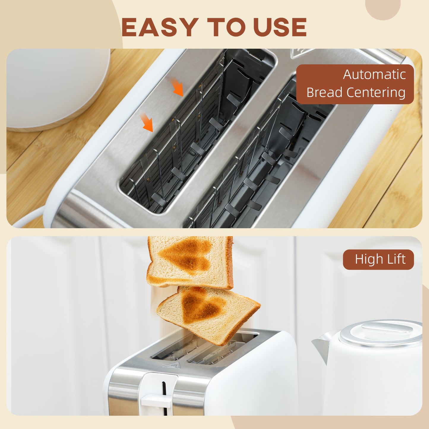 HOMCOM White Kettle and Toaster Set 1.7L 3000W 2 Slice Toaster with 7 Level Browning Defrost Reheat Auto Off