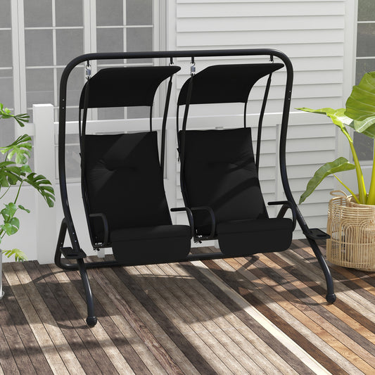 Outsunny Two Seat Garden Swing Chair With Protective Canopy Cup Holders And Sturdy Curved Steel Frame Black