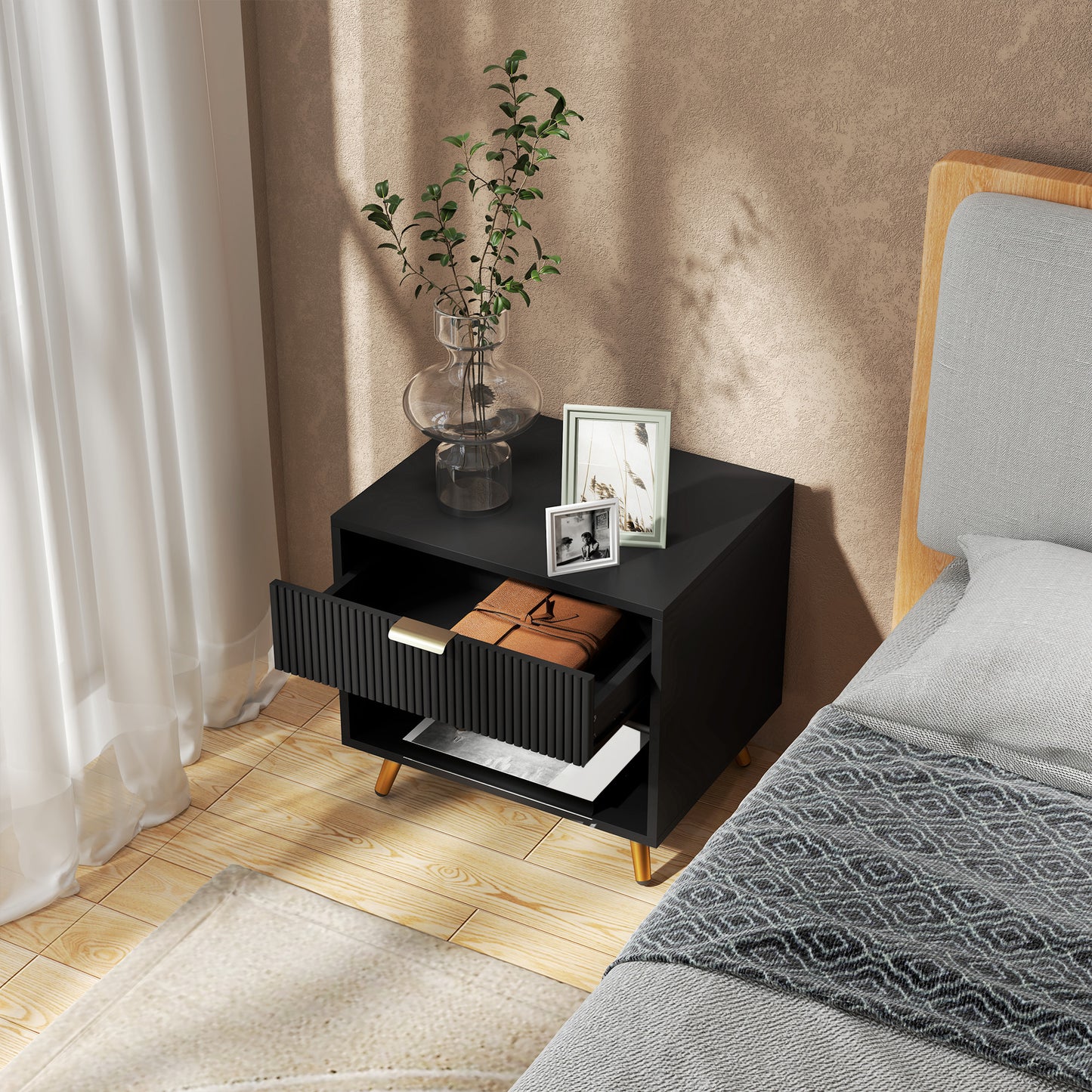 HOMCOM Elegant Bedside Table Set of 2 With Drawer and Shelf Black Gold Tone Finish