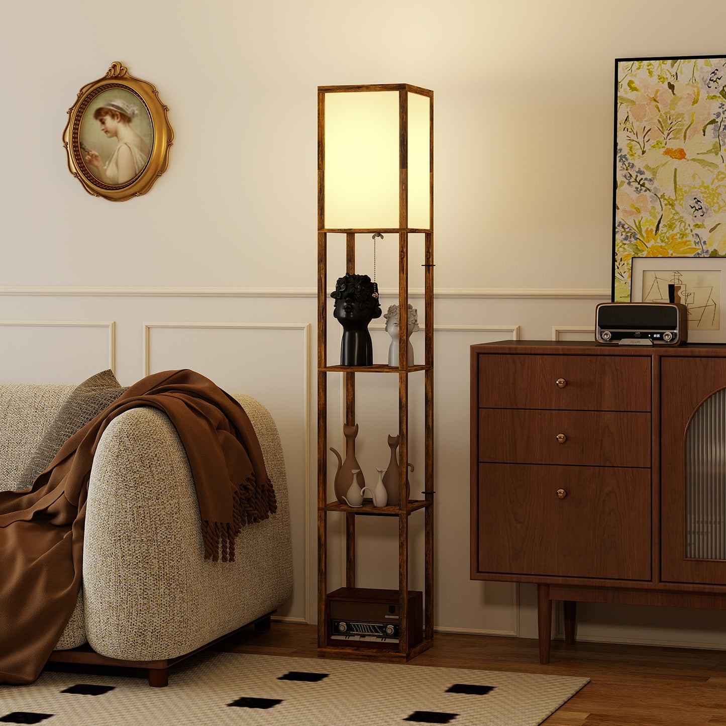 HOMCOM Floor Lamp With Shelves, USB Ports, 3 Colour Temperature, Rustic Brown Standing Lamp