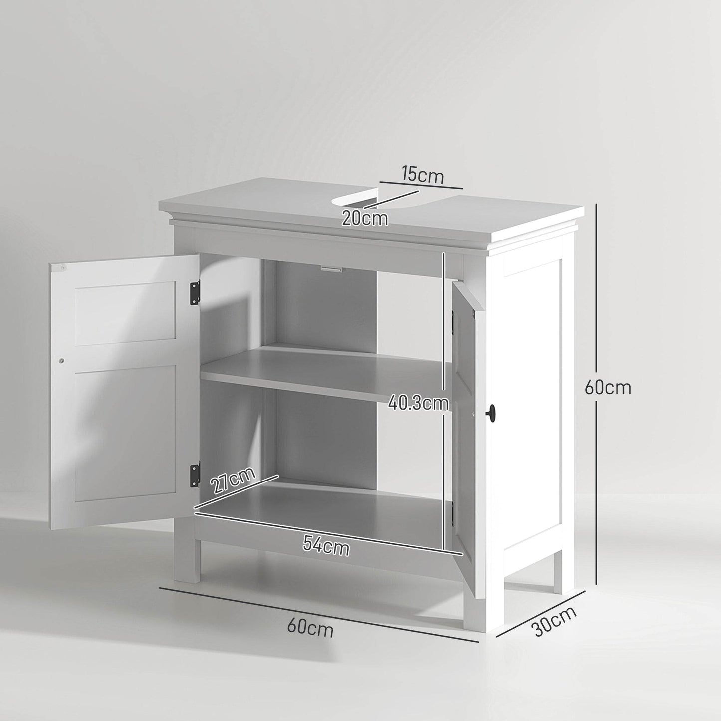 HOMCOM 60cm Under Sink Storage Cabinet with Adjustable Shelves - White Finish - ALL4U RETAILER LTD